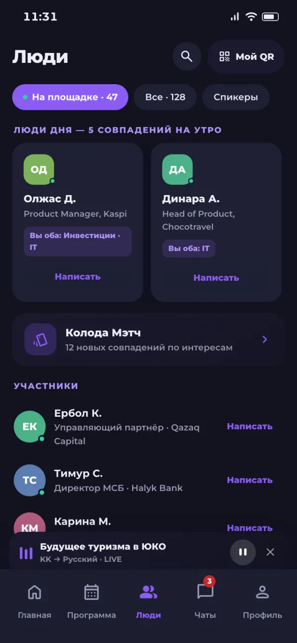 Экран «Люди»: счетчик «На площадке · 47», подборка «Люди дня», список участников